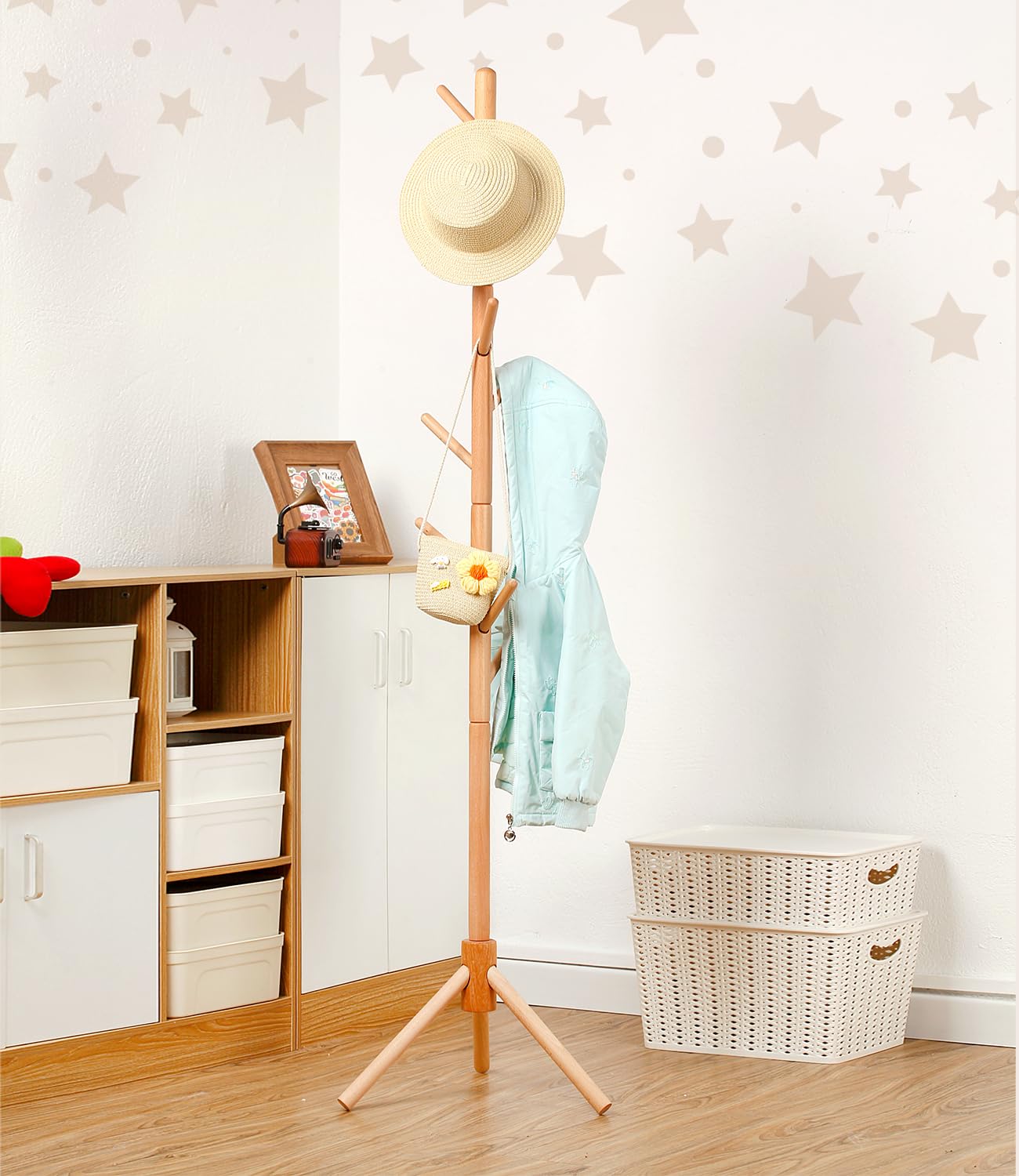 Porte-manteau en bois de hêtre pour enfants – Support à hauteur réglable avec 9 crochets, organiseur de vêtements pour enfants autonome pour couloir, chambre à coucher, assemblage facile