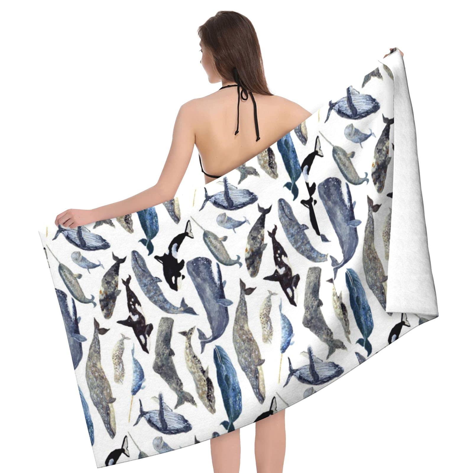 LSRCPD Whales Beach Towel Highly Absorbent Microfiber Beach Blanket Soft Bath Towels 80 x 130 cm