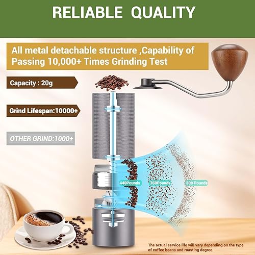 Miniatura 6 de Popsweet C38 - Molinillo de café manual con rebabas exteriores cónicas de acero inoxidable desmontables, molienda de granos de café de 400 libras,