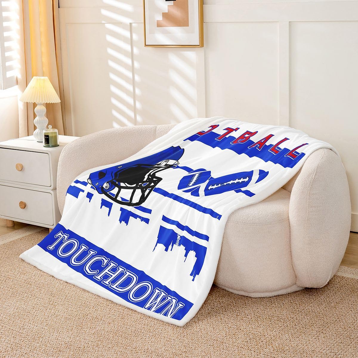 Castle Fairy Blue Grey Football Fans Rugby Fleece Blanket,Soccer Bed Blanket for Kids Teens,American Sport Football Flannel Blanket for Room Decor,Queen 90"x90"