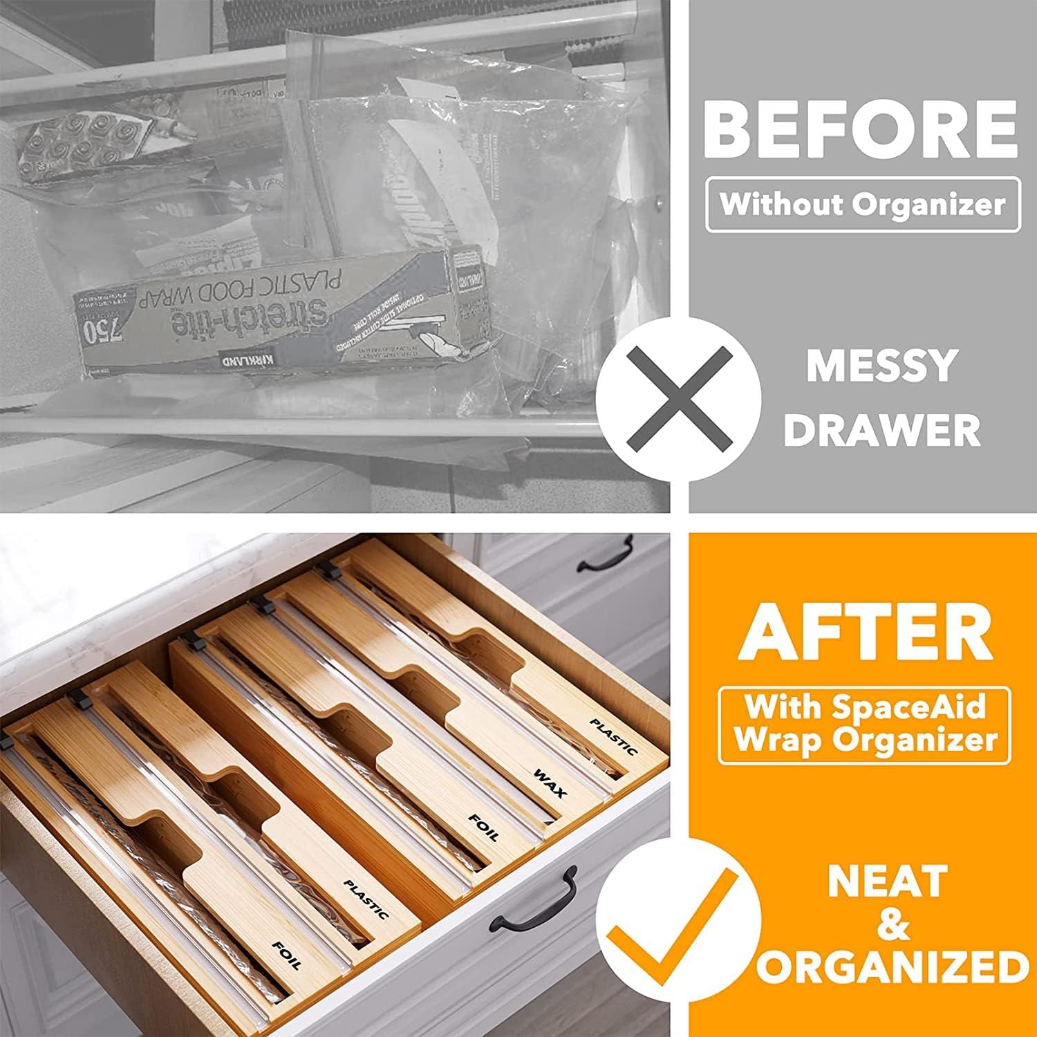 APULAR 2 in 1 Wrap Dispenser with Cutter & Labels, foil & plastic wrap organizer, Plastic Wrap, Aluminum Foil & Wax Paper Dispenser for Kitchen Drawer Plastic Wrap, Compatible with 12'' Roll