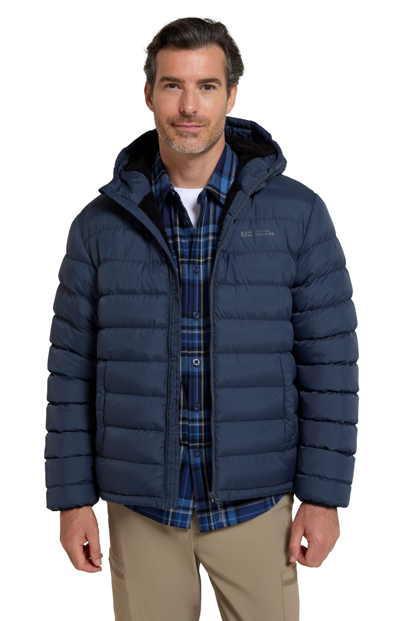 Mountain Warehouse Navy Seasons Mens Fur-Lined Padded Jacket - Microfibre Insulation & Faux Fur With Side Pockets - Best For Autumn, Winter, Outdoors, Travelling & Hiking Xxs
