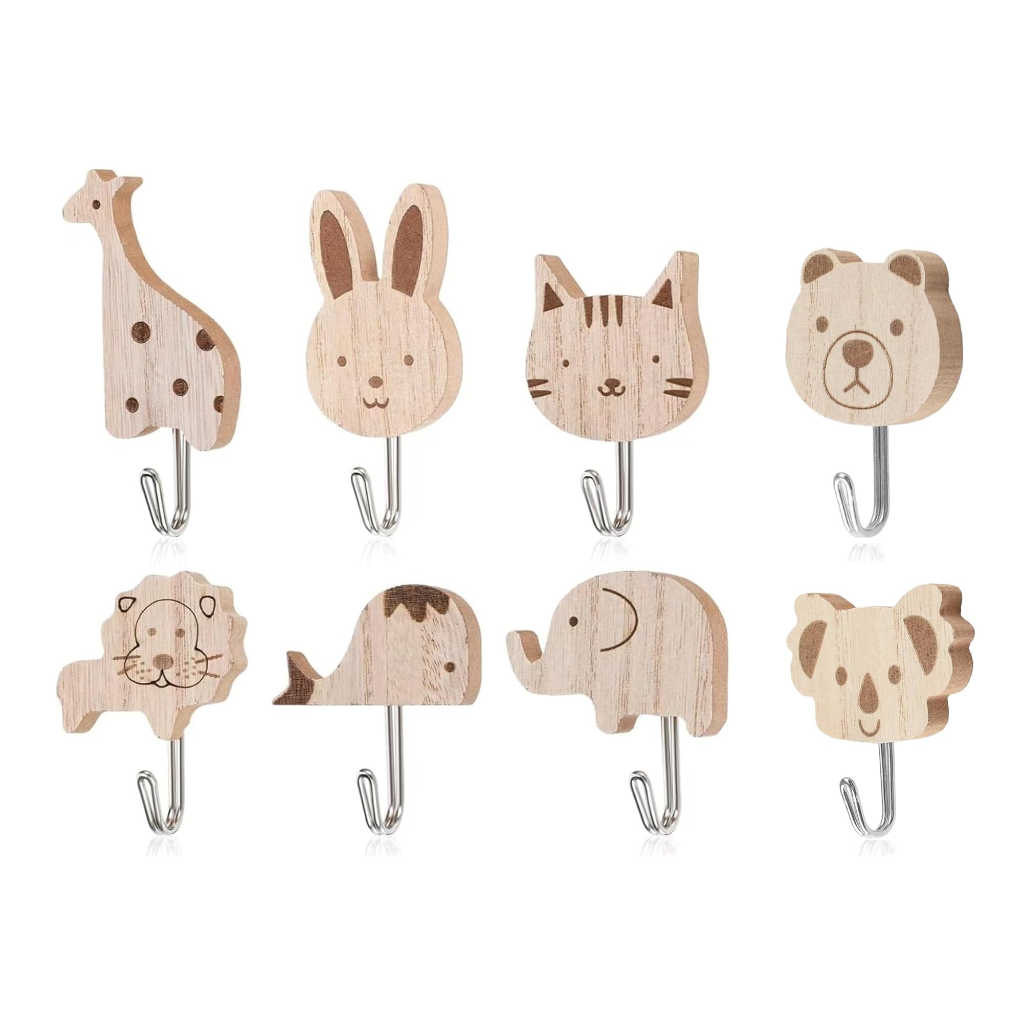 Garçonnière en Bois pour Enfants, Lot de 8 Crochets Adhésifs Animaux - Éléphant, Baleine, Chat, Lion, Lapin, Girafe pour Enfants - Crochets de Rangement à Fixation Murale pour Chambre d'enfant