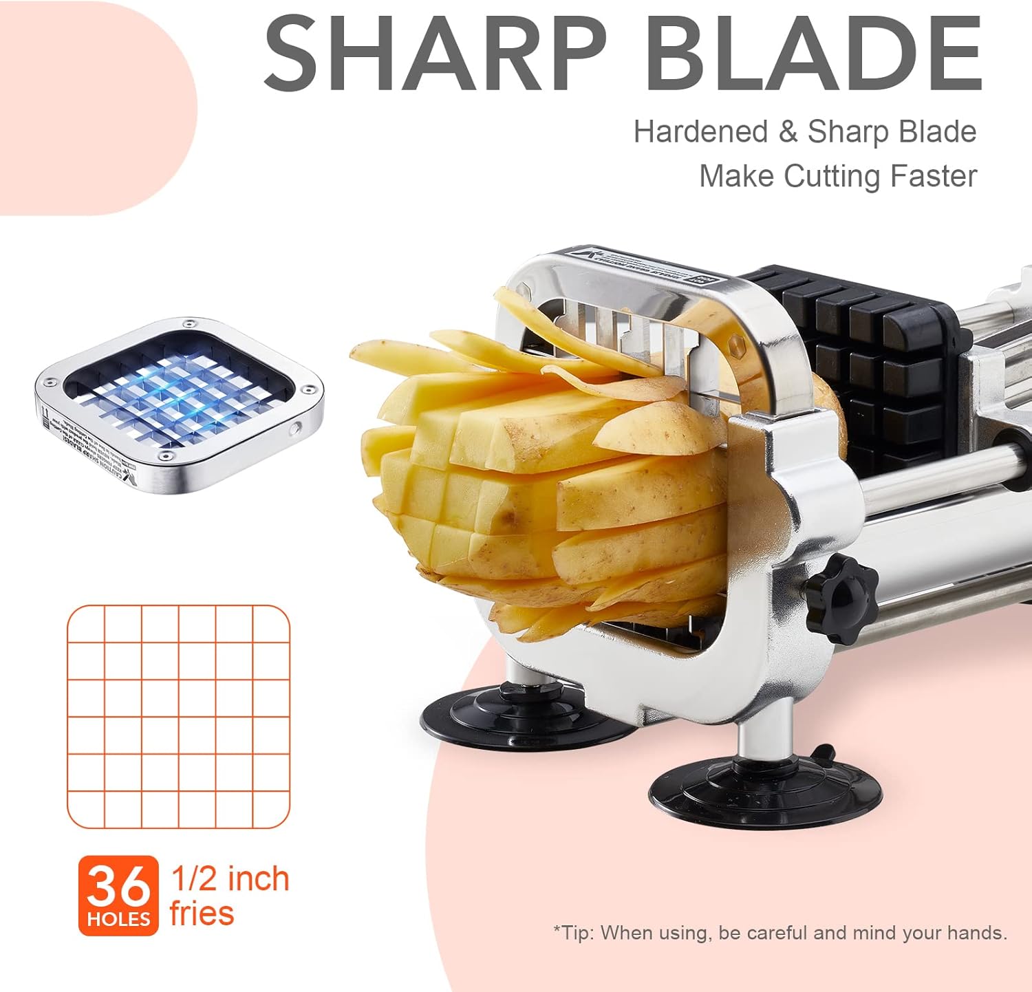 French Fry Cutter, Stainless Steel Potato Cutter with 1/2 Inch and 3/8 Inch Blades, parent asin (Manual Cutter, 1/2“ Blade)