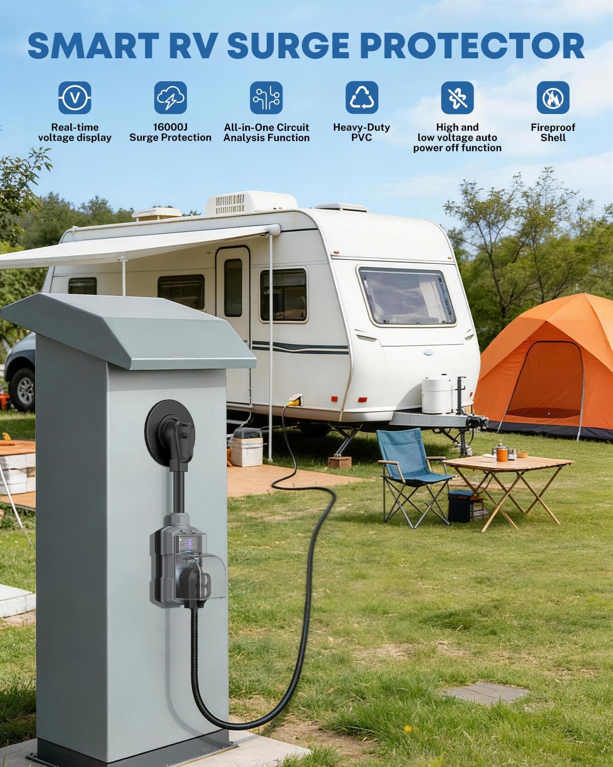 Kohree RV Surge Protector 50 Amp, 16000 Joules Power Surge Voltage Protection, RV Adapter Plug with Waterproof Cover Auto Shut Off LED Display Circuit Analyzer for Travel Trailers Camper-50A Gray
