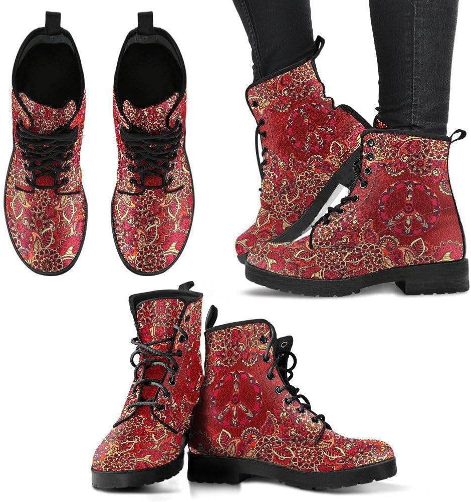 Red Peace Mandala Memory Foam Boots | All Season Lace Up Boots | Vegan Leather Combat Boot