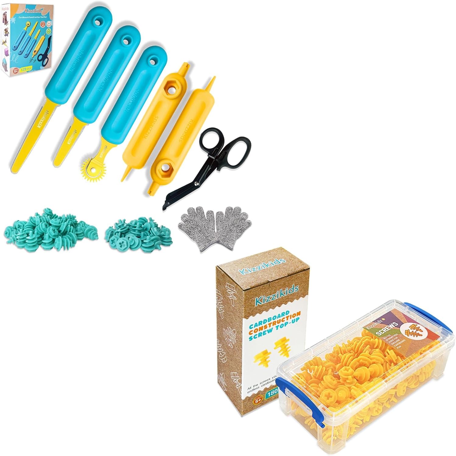 129 Piece Cardboard Tools for Kids and 180 Piece Screws Top-up (Yellow)
