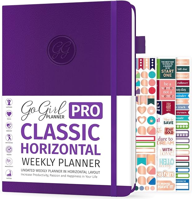GoGirl Planner PRO - Undated Horizontal Layout Weekly Planner and Organizer + Budgeting and Expense Tracking Pages, Goals Journal & Agenda, 18 x 25.5cm, Hardcover, Lasts 1 Year - Purple