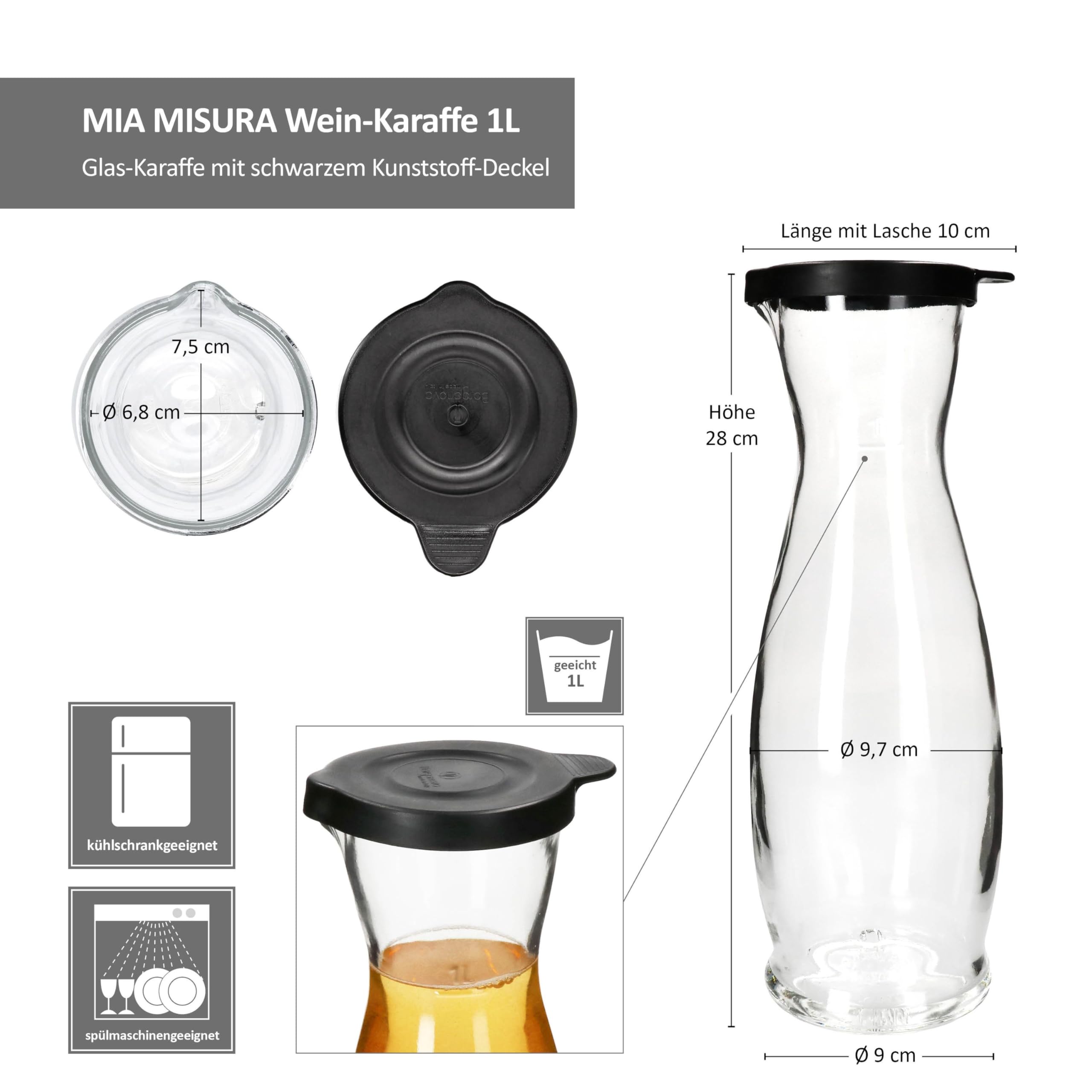 MamboCat 12er Set MIA MISURA Wein-Karaffe mit schwarzem Kunststoff-Deckel I 1 Liter, geeicht I Glas-Krug mit Ausgießtülle für Wein, Wasser, Saft, Milch & Co.