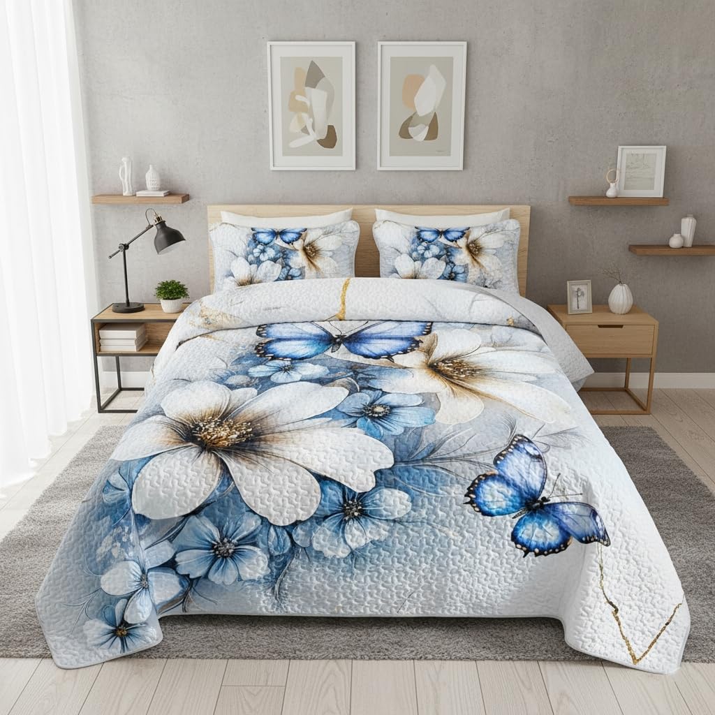 AILONEN Blue and White Flower Butterfly Quilt Bedding Set King Size - Watercolor Marble Bedspread Coverlet + 2 Pillowcases,Soft Lightweight Marbling Bed Cover 3Pcs