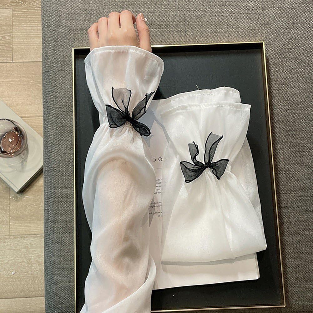 Sanfly Sunscreen Bow Tie Sheer Arm Sleeves, Women Ice Silk Arm Protection Uv Protection Gloves Arm Sleeves Fingerless Long Glove for Outdoor