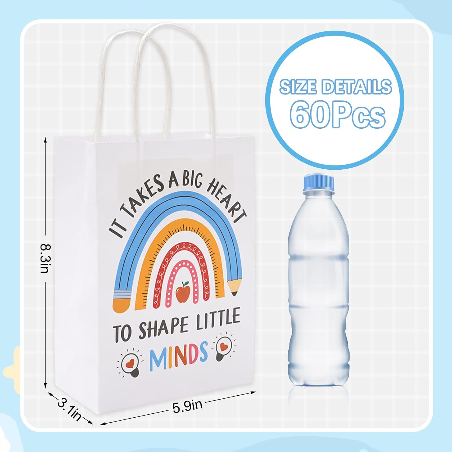 Whaline 60Pcs Teacher Appreciation Paper Bags with 75 Sheets Tissue Paper Pencil Rainbow Candy Treat Bags with Handles for Teachers' Day Back to School Party Favors Supplies