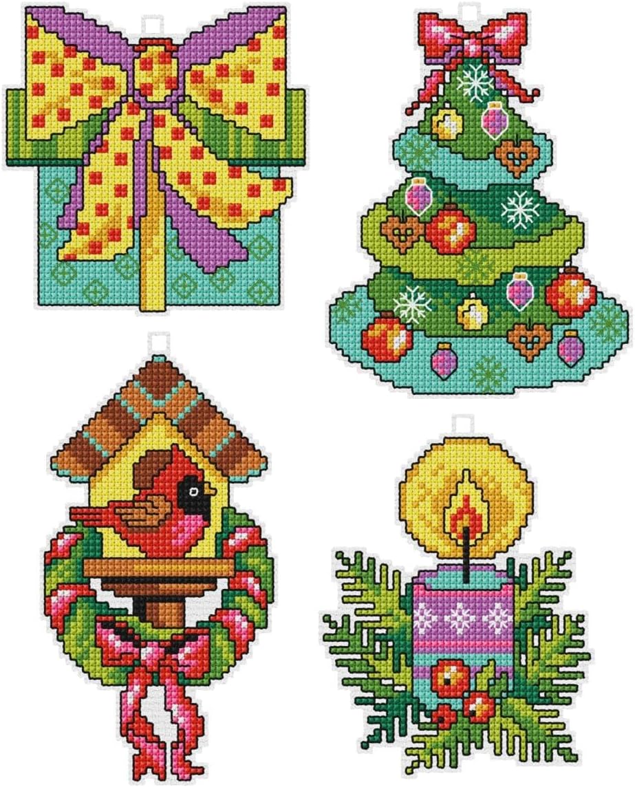 Wizardi Counted Cross-Stitch Kit on Plastic Canvas with Snowmen. 4 Christmas Ornaments Same Dimensions 13.15x4.33 inches. Plastic Canvas Sheet. Superb for Embroidery & Craft Amateurs. 7609 Orchidea