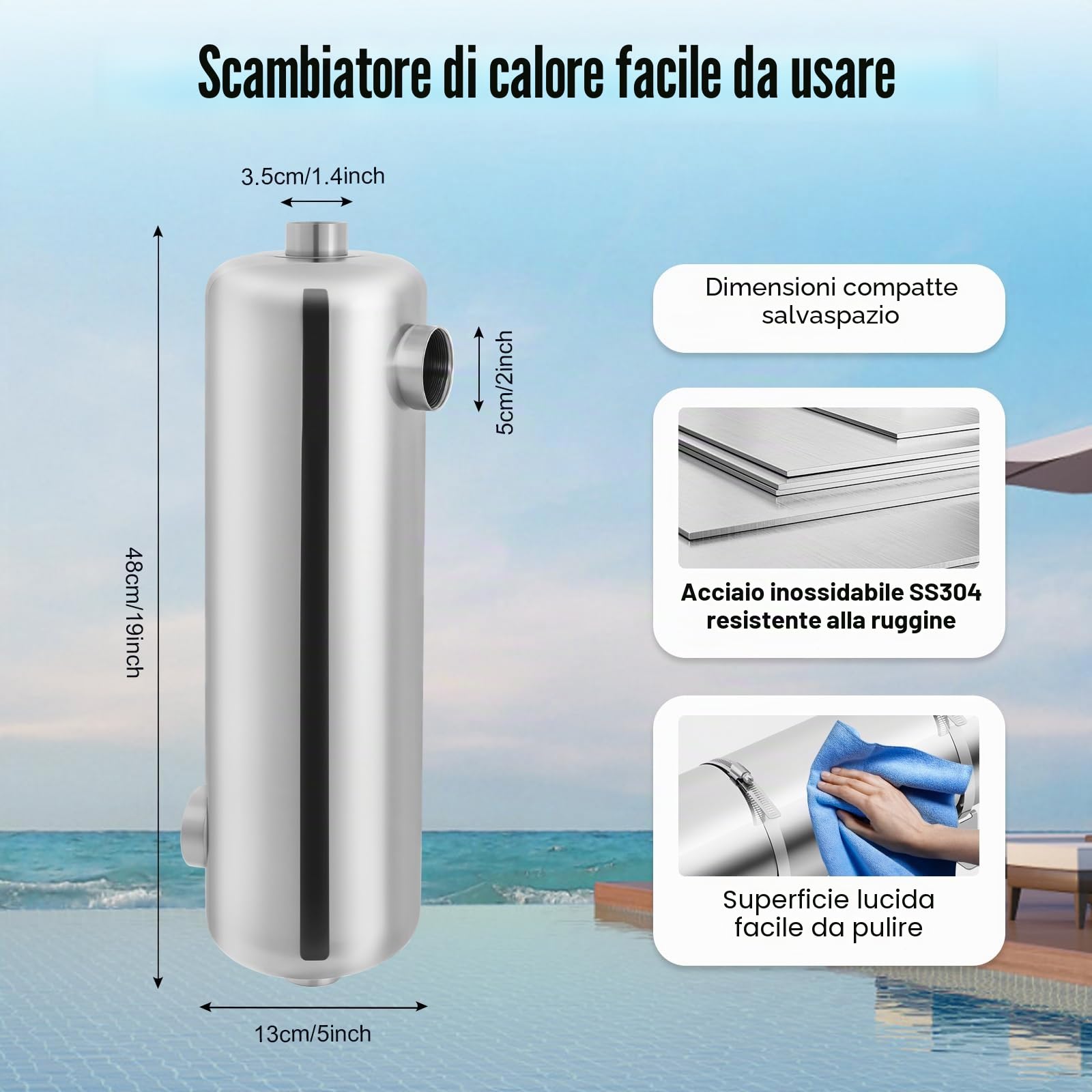Scambiatore di calore per piscina, 60 KW, pompa di calore in acciaio inox, resistente all'acqua salata e alla ruggine con flusso d'acqua da 250 l/min e flusso di acqua calda da 30 l/min, per