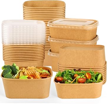 POMEAT 50 Pack Disposable Meal Prep Containers Microwave Safe 34oz 25oz Kraft Paper Food Prep Containers Disposable Food Containers with Lids