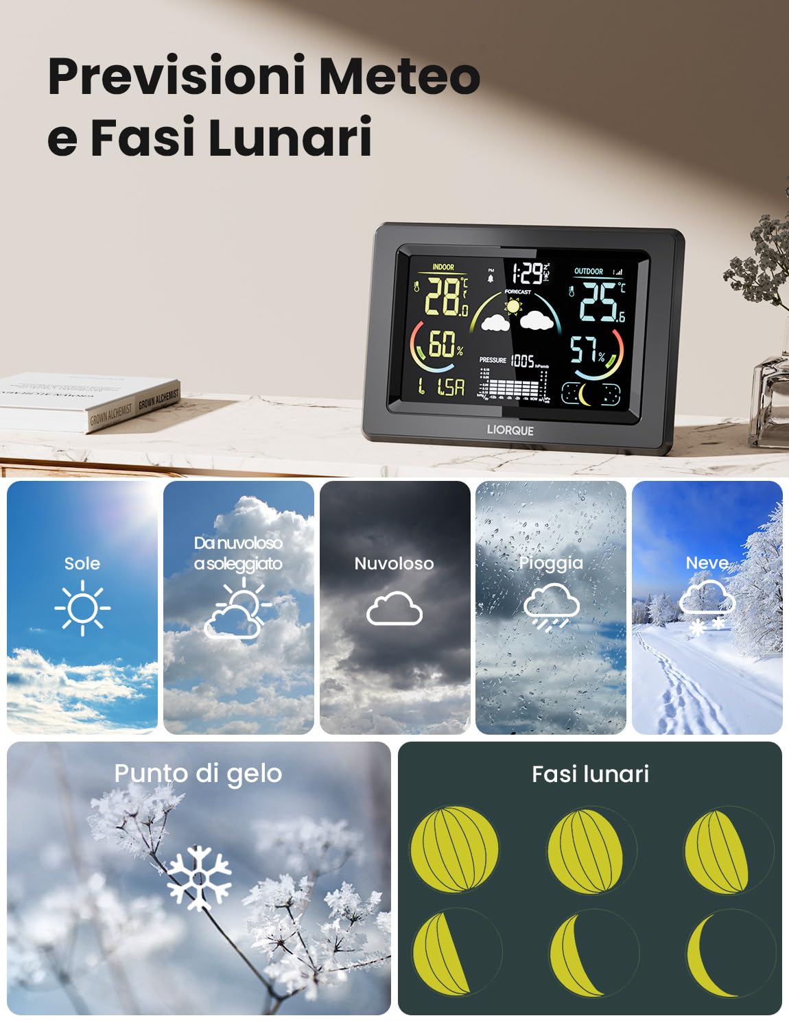 LIORQUE Stazione Meteo con Sensore Esterno, Display a colori LCD VA, Stazione Meteo con Sveglia, Fase Lunare, Previsioni Meteo, Data,Retroilluminazione Regolabile, Igrometro