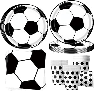 OMZSXK Vajilla de fiesta de fútbol para 16 invitados, color blanco y negro, plato de fiesta de fútbol, vajilla decorativa de cumpleaños, platos de papel, servilletas, niñas, niños, fiesta temática,