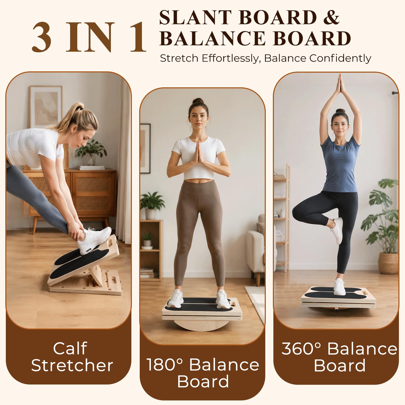 3 in 1 Tavola inclinata in legno,Balance Board con maniglia | Balance Board in Legno, Tavola Propriocettiva, con 4 angoli di inclinazione, per Allungare i Muscoli delle Gambe