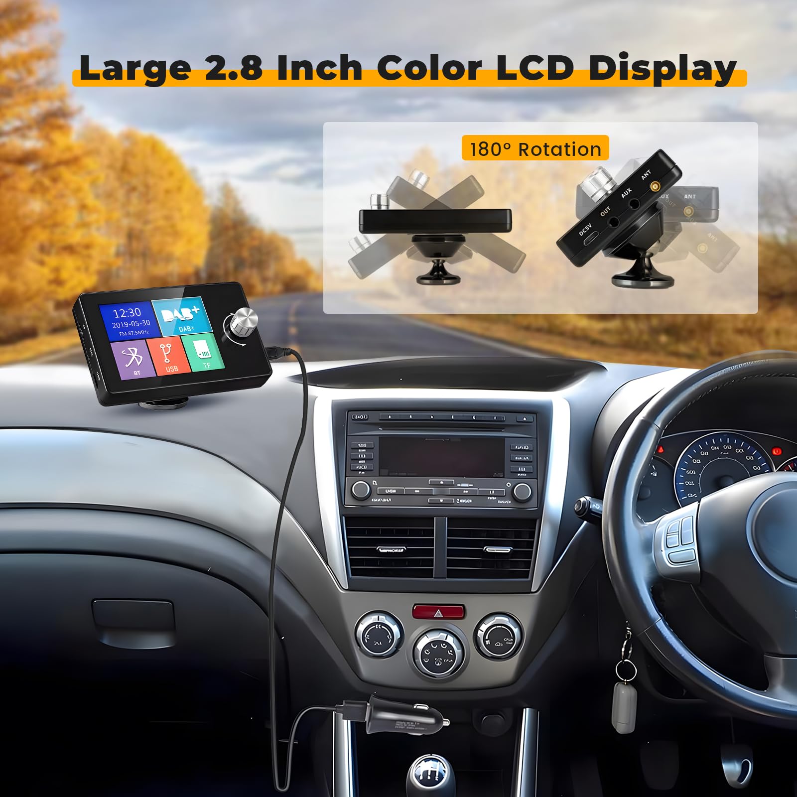 Inefala DAB Dab+ adapter do radia samochodowego kolorowy wyświetlacz LCD 2,8 cala z zestawem głośnomówiącym Bluetooth, nadajnik Dab, nadajnik FM, wejście i wyjście AUX, karta muzyczna TF, ładowarka