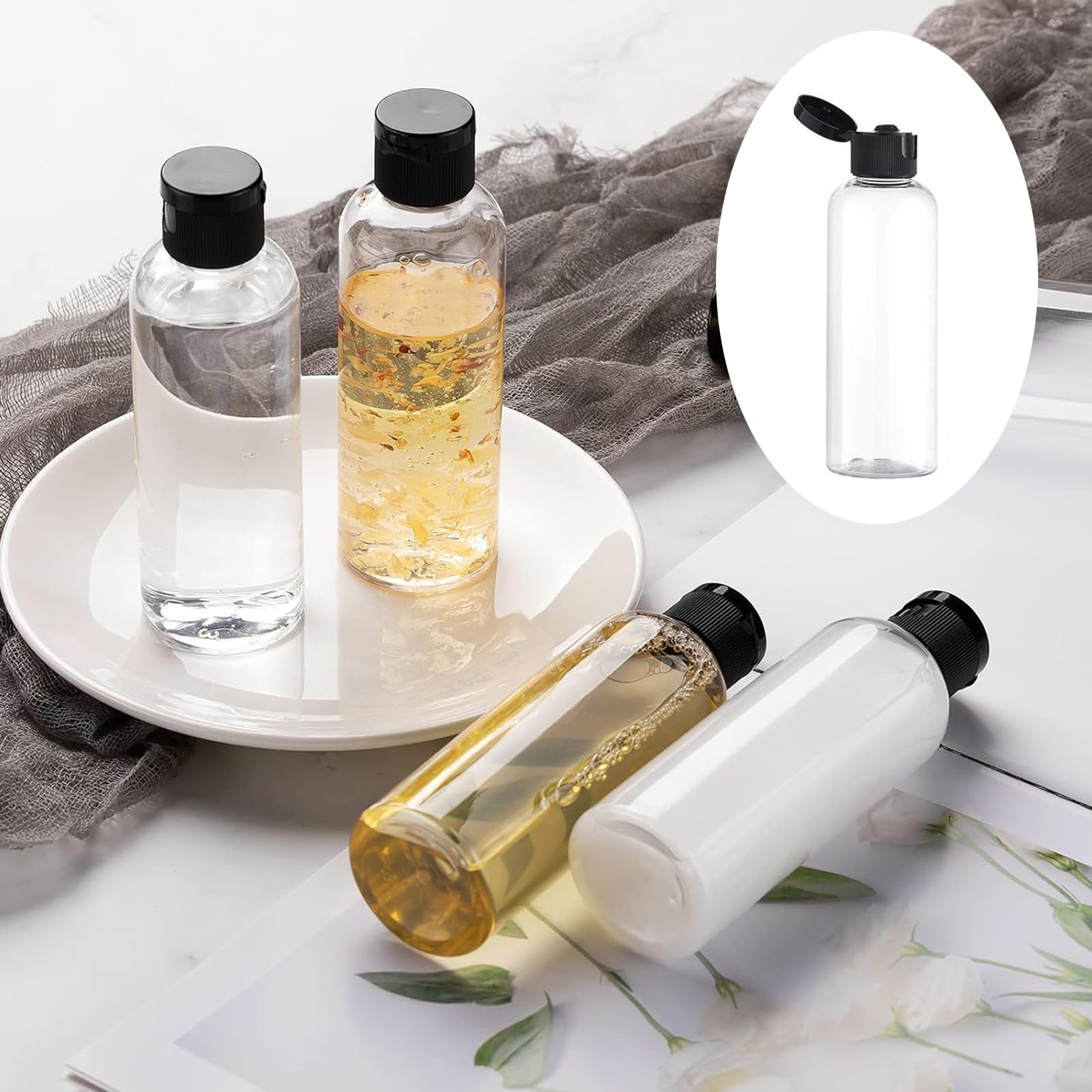 Travel Bottles Set, 100 ml, 5 Pieces with Flip Lid, Transparent, with Funnel, Cosmetic Container - Image 3