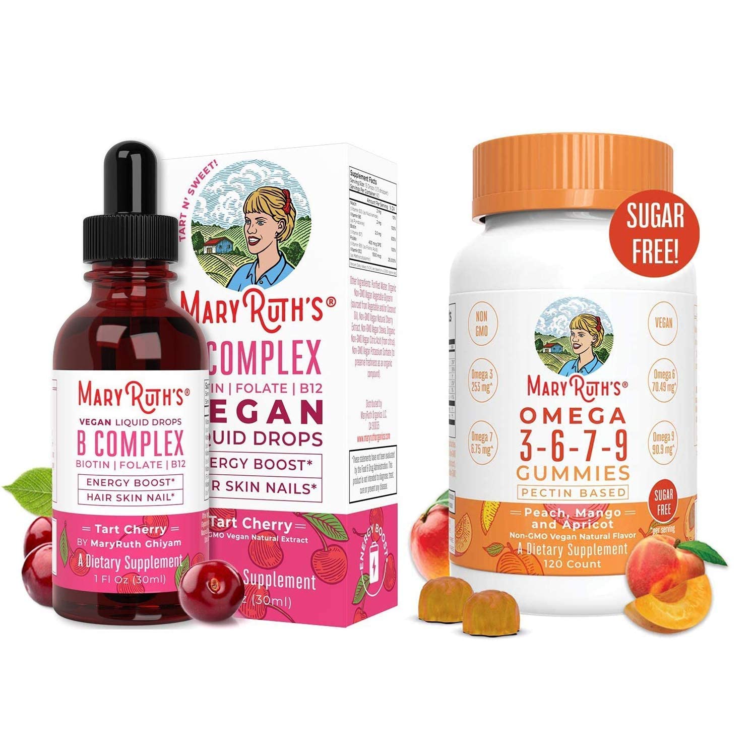 Liquid Vitamin B Complex & Omega Gummies Bundle by MaryRuth's | Hair Skin Nails Energy | B Complex S