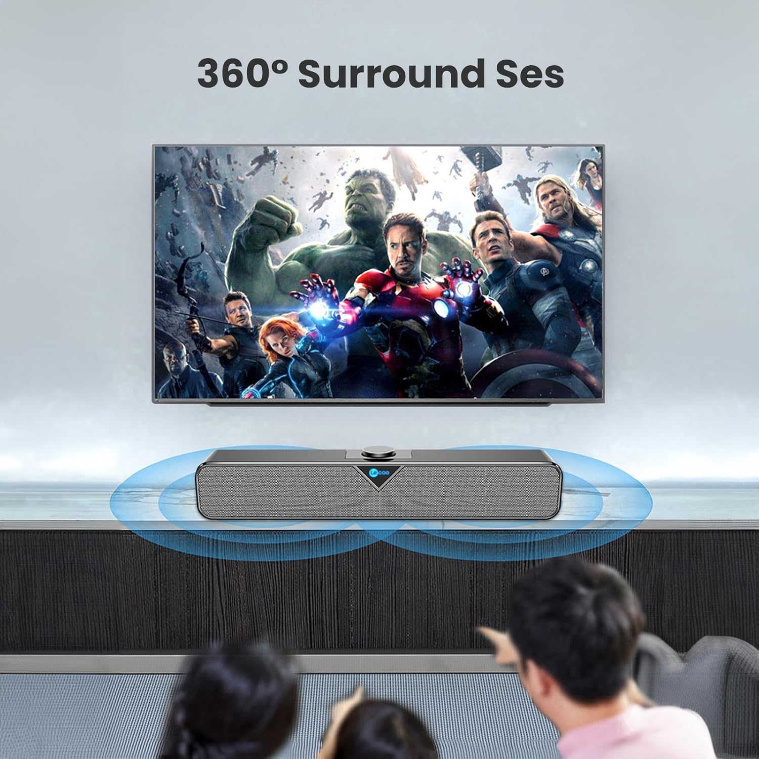 Lecoo DS102 Soundbar Speaker illustrating 360-degree surround sound capability.