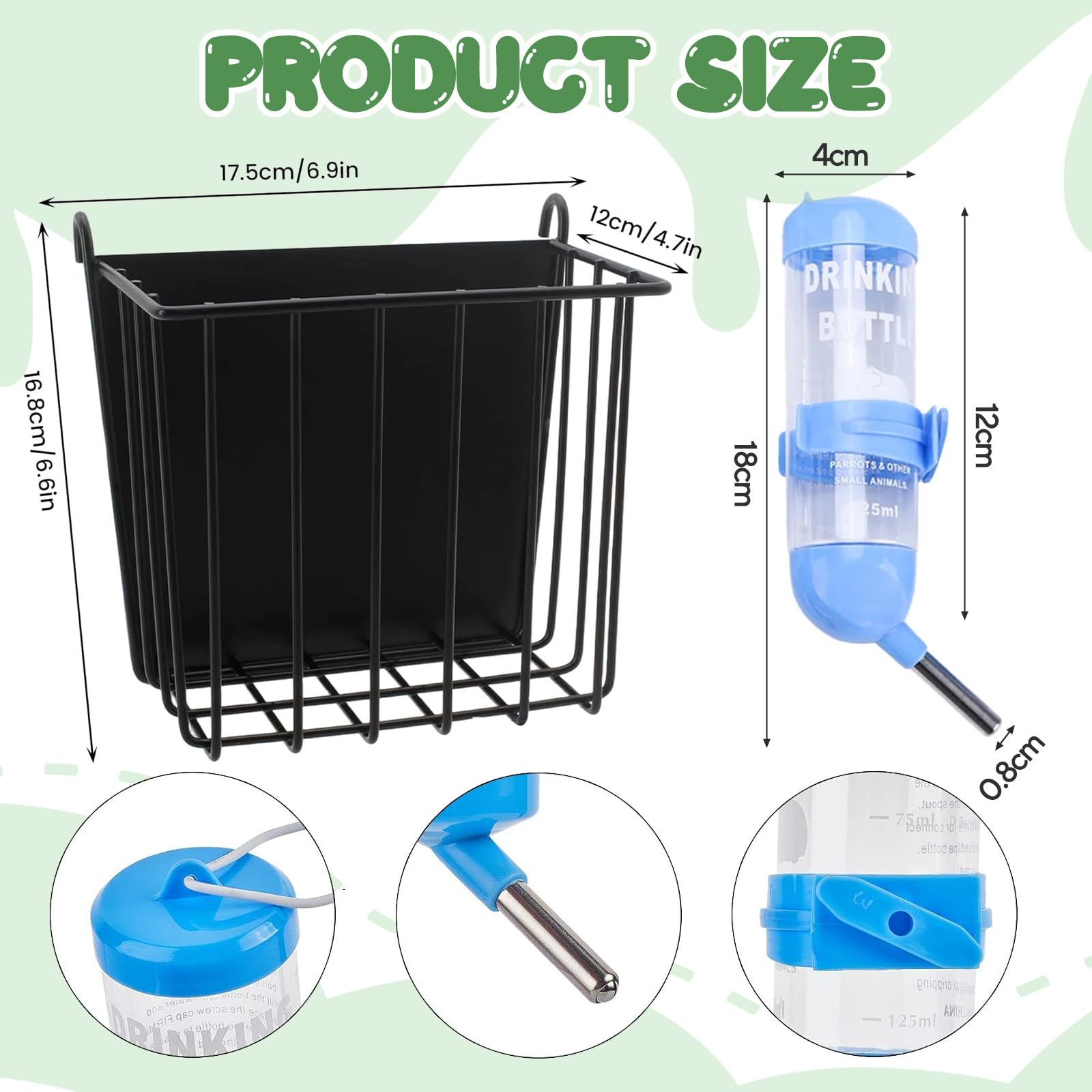 Comedero de heno para conejos, estante de heno colgante de metal con dispensador de bebidas de 125 ml, estante de almacenamiento de suministros de alimentos para mascotas pequeñas, accesorio de jaula