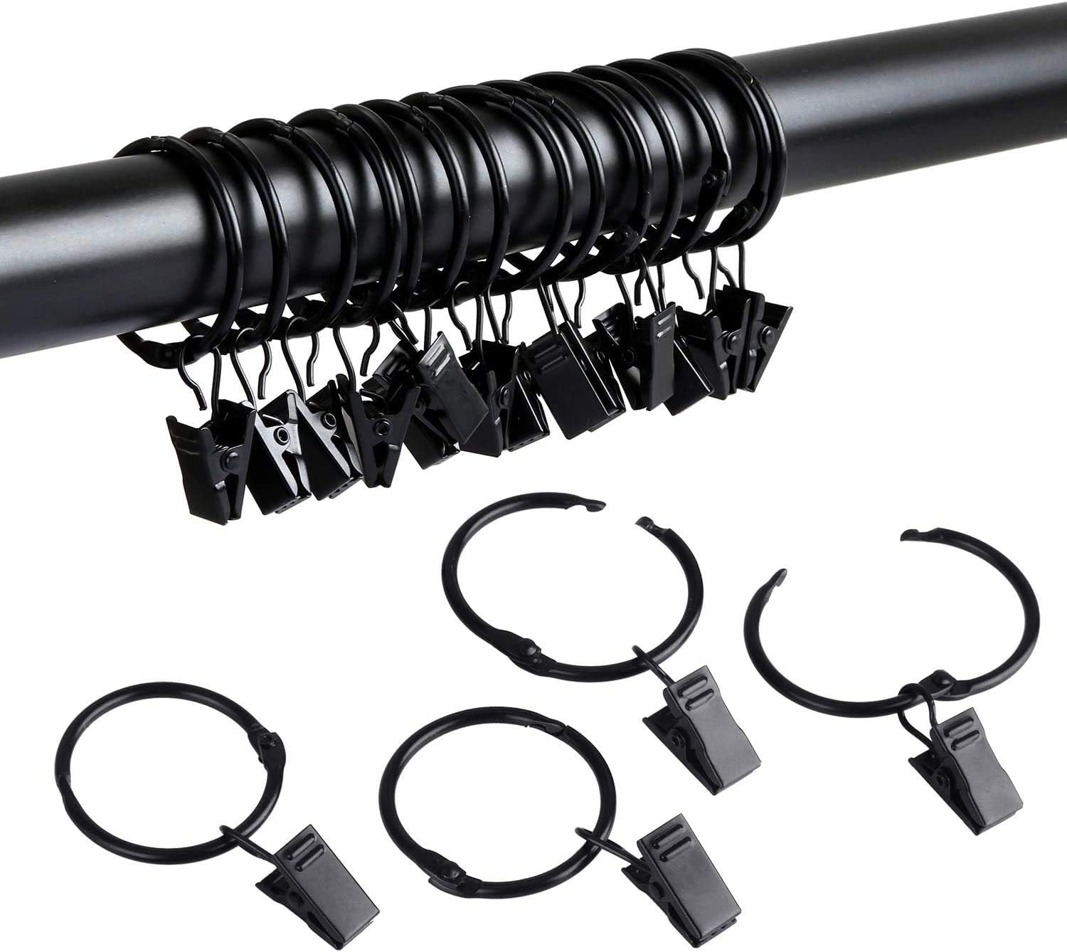 SPLF 18 Pack Metal Openable Curtain Rings with Clips, 1.22 Inch Interior Diameter, Fits up to 1 Inch Rod, Heavy Duty Rustproof Vintage Decorative Drapery Eyelet Curtain Rods Hangers Rings, Black