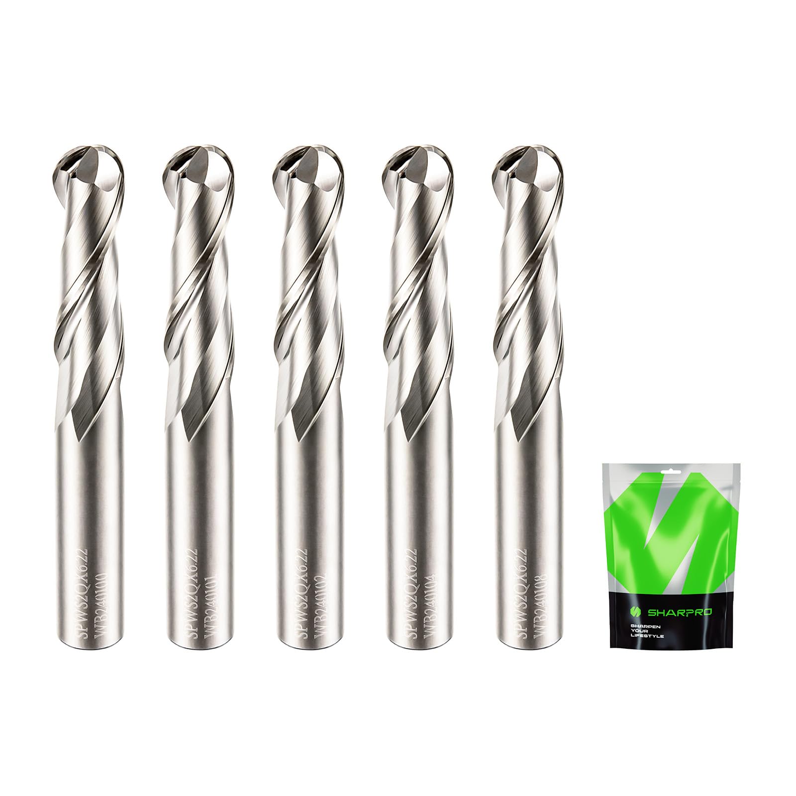 Juego de brocas CNC de punta de bola de carburo con vástago de 1/4 de pulgada de diámetro de corte de 1/4 de diámetro de corte en espiral, ideal para tallado de madera, grabado y molienda (5 piezas)