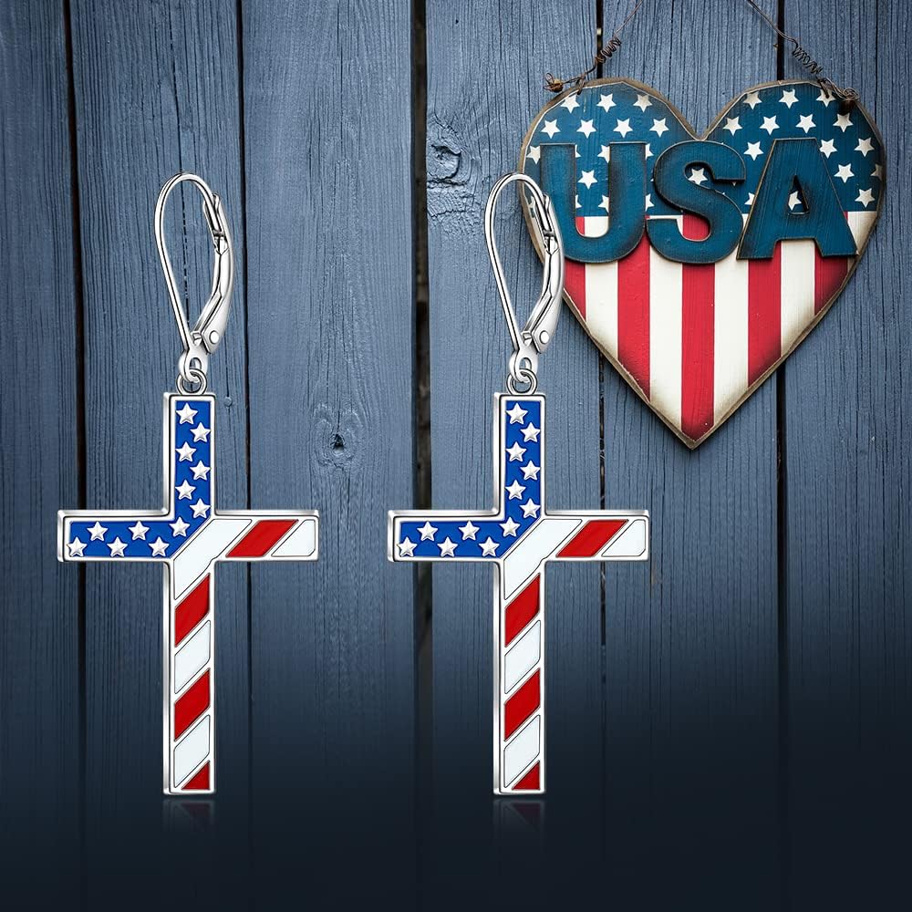 Patriotic 4th of July Earrings for Women Cross Fourth of July American Flag Earrings Dangle Sterling Silver Red White and Blue Veterans USA Independence Day Gifts - Image 8