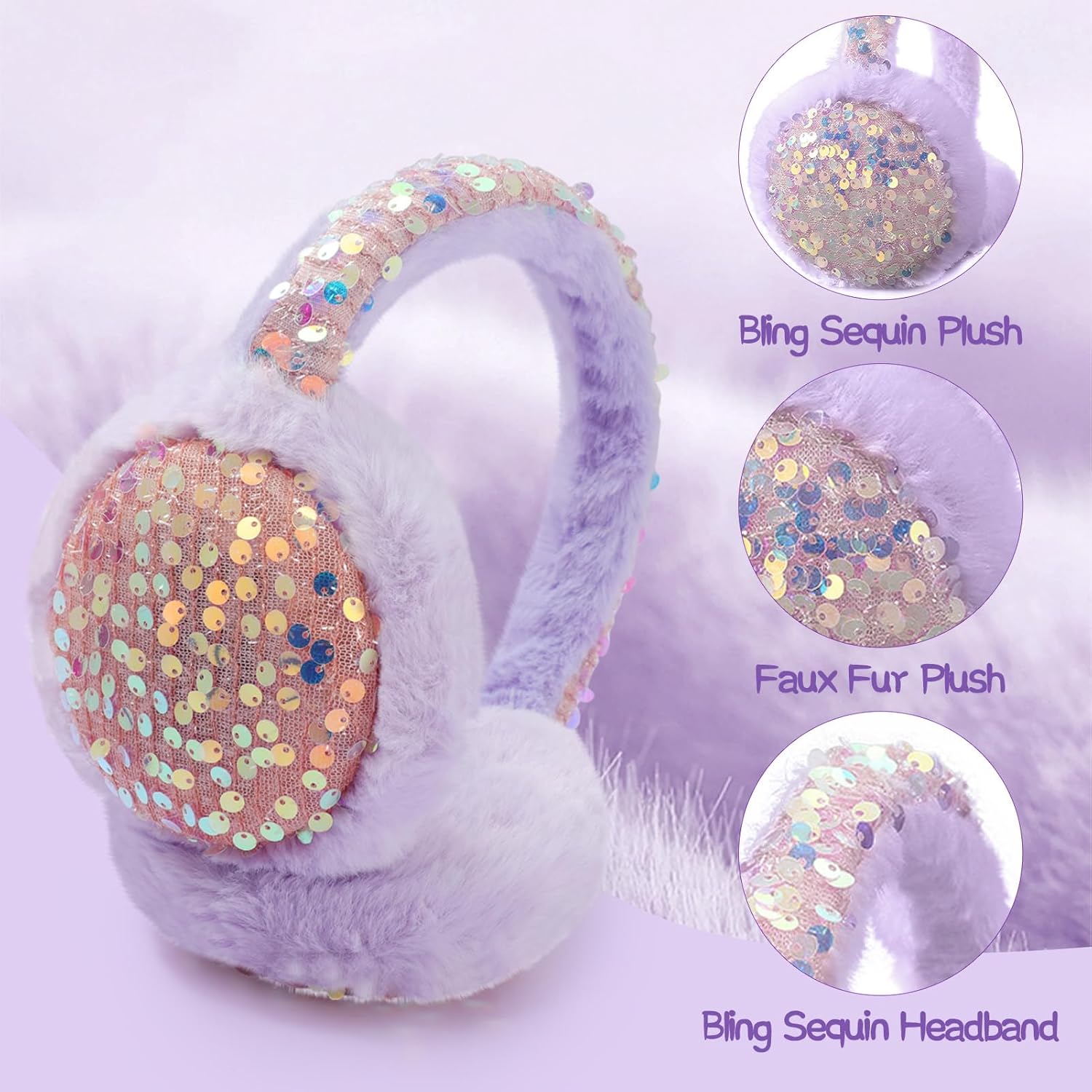 ACTLATI Girl Winter Earmuffs Sequin Shiny Outdoor Ear Warmers Fluffy Muffs Cute Faux Fur Earmuff for Kids Adult Women - Image 4