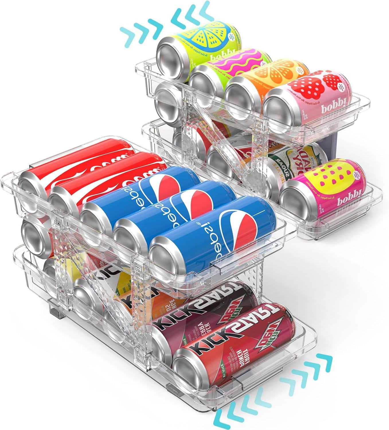U-HOOME Adjustable Soda Can Dispenser Organizer for Refrigerator,2-Tier Automatic Rolling Drink Organizer,Clear Storage Rack Beverage for Fridge,Kitchen, Pantry,Freezer,Countertop,Can Holders (2pack)