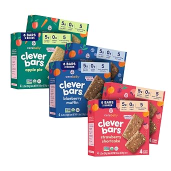 Cerebelly Organic Clever Bars Kids Snacks, Variety Pack, Vegan, 24ct | 5g Protein, 6g Fiber, DHA, Iron, Iodine, Zinc, Nut-Free, Gluten-Free, Soft-Baked, No Added Sugars, Whole Grain, Non-Dairy