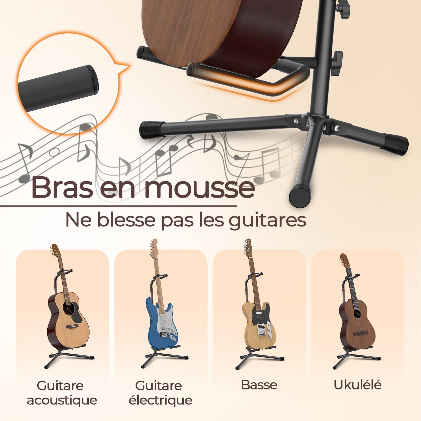 GLEAM Support pour guitare - Ajustable pour guitares électriques, classiques et basses, Capacité de charge : 9 kg, Accessoires, Type pliable Noir (CG-4)