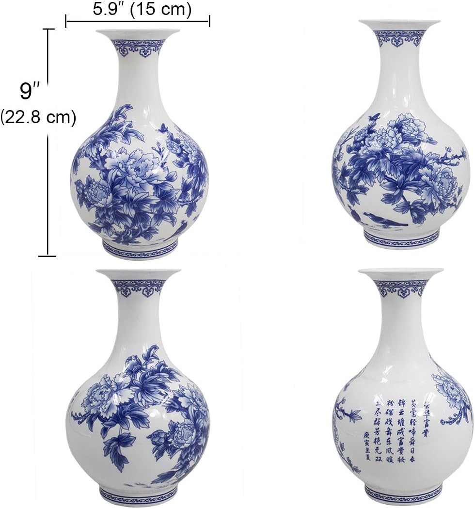 Dahlia Blue and White Vase, Handmade Bone China Flower Vase, Birds in Peony Bush, Chinese Bottle Shape 9 Inches