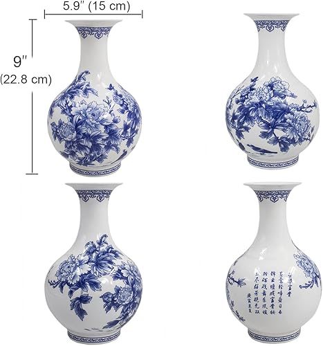 Miniatura 2 de Dahlia Florero azul y blanco, florero hecho a mano de porcelana de hueso, pájaros en arbusto de peonía, forma de botella china de 9 pulgadas