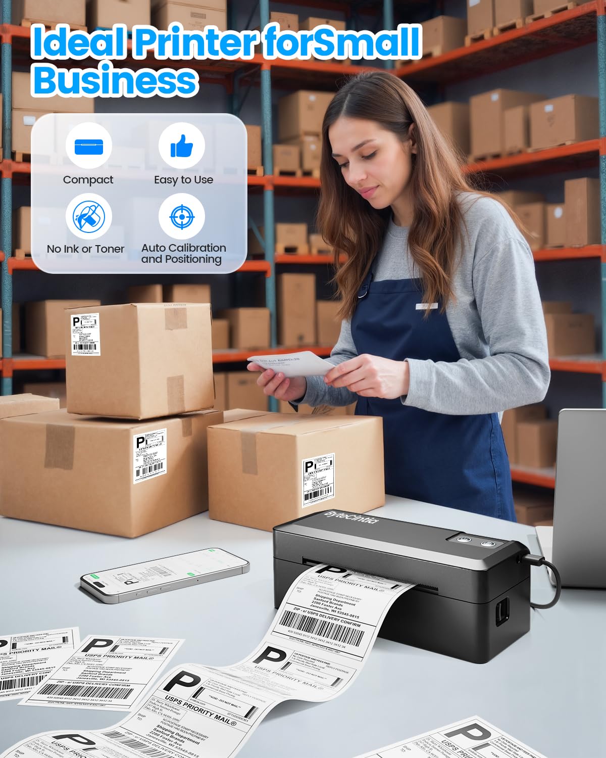 Stampante Termica Etichette Bluetooth, Stampante Etichette Spedizione 4x6 (10x15cm), Stampante di Etichette Postali per Aziende, Compatibile con Amazon, Shopify, DHL, DPD