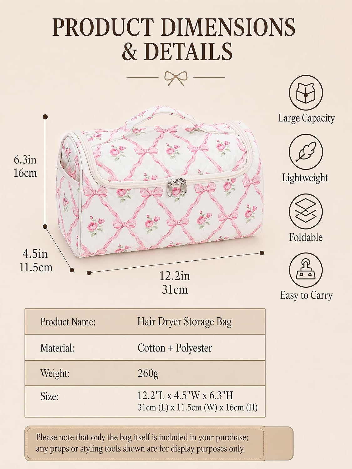 TeeYee Hair Tool Bag Travel Organizer for Dyson Hair Dryer Storage Curling Iron Case with Handle pinkbow-boho