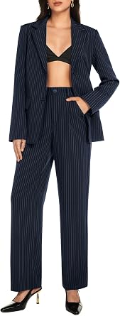 Casly Lamiit Womens 2 Piece Pant Suit Business Casual Outfits Striped Notched Collar Blazer Wide Leg Pants Sets