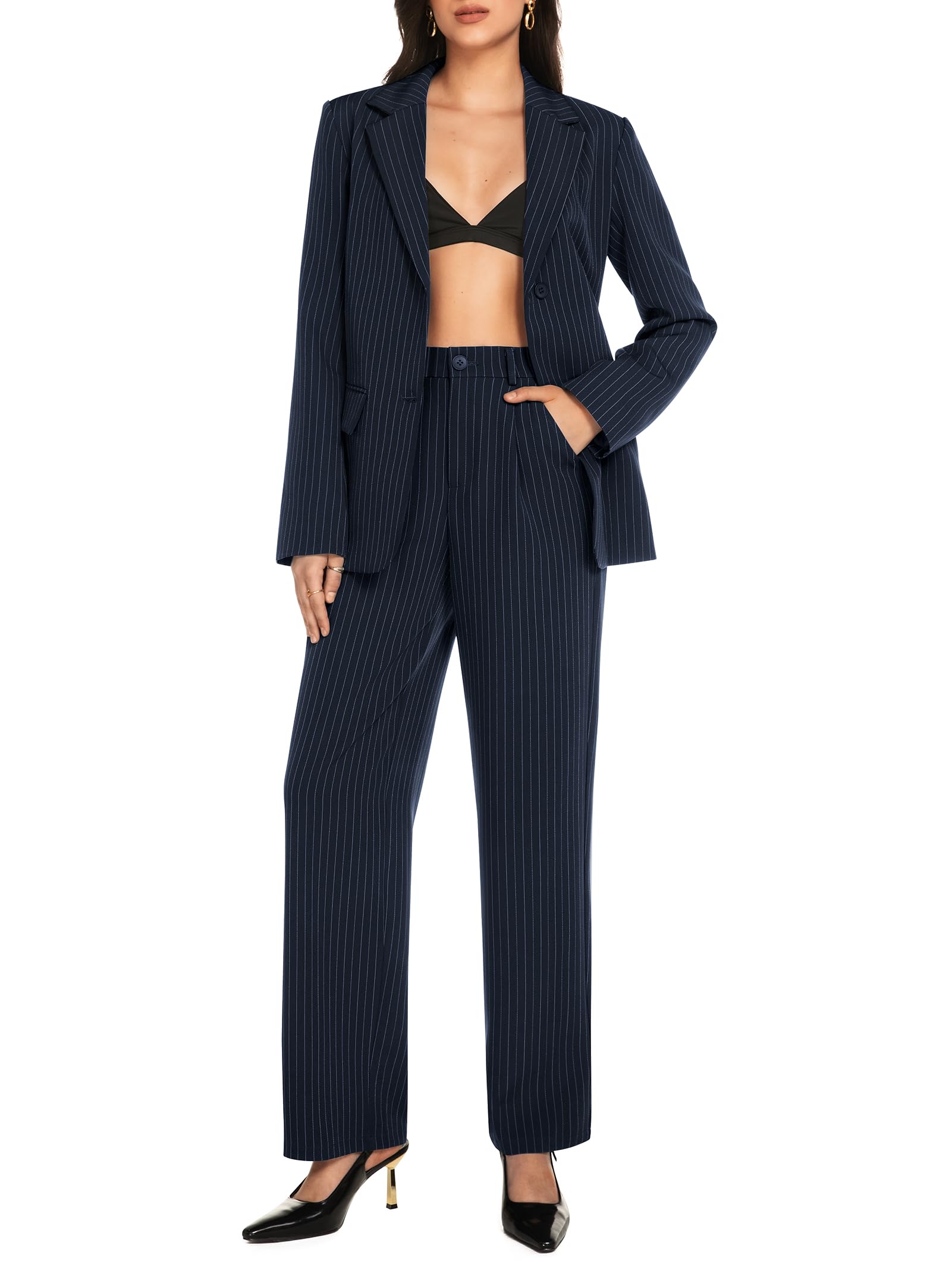Casly Lamiit Womens 2 Piece Pant Suit Business Casual Outfits Striped Notched Collar Blazer Wide Leg Pants Sets