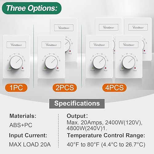 Miniatura 8 de 2 piezas YeloDeer de doble voltaje (110 V-265 V) 4 hilos manual eléctrico zócalo calentador termostato para el hogar