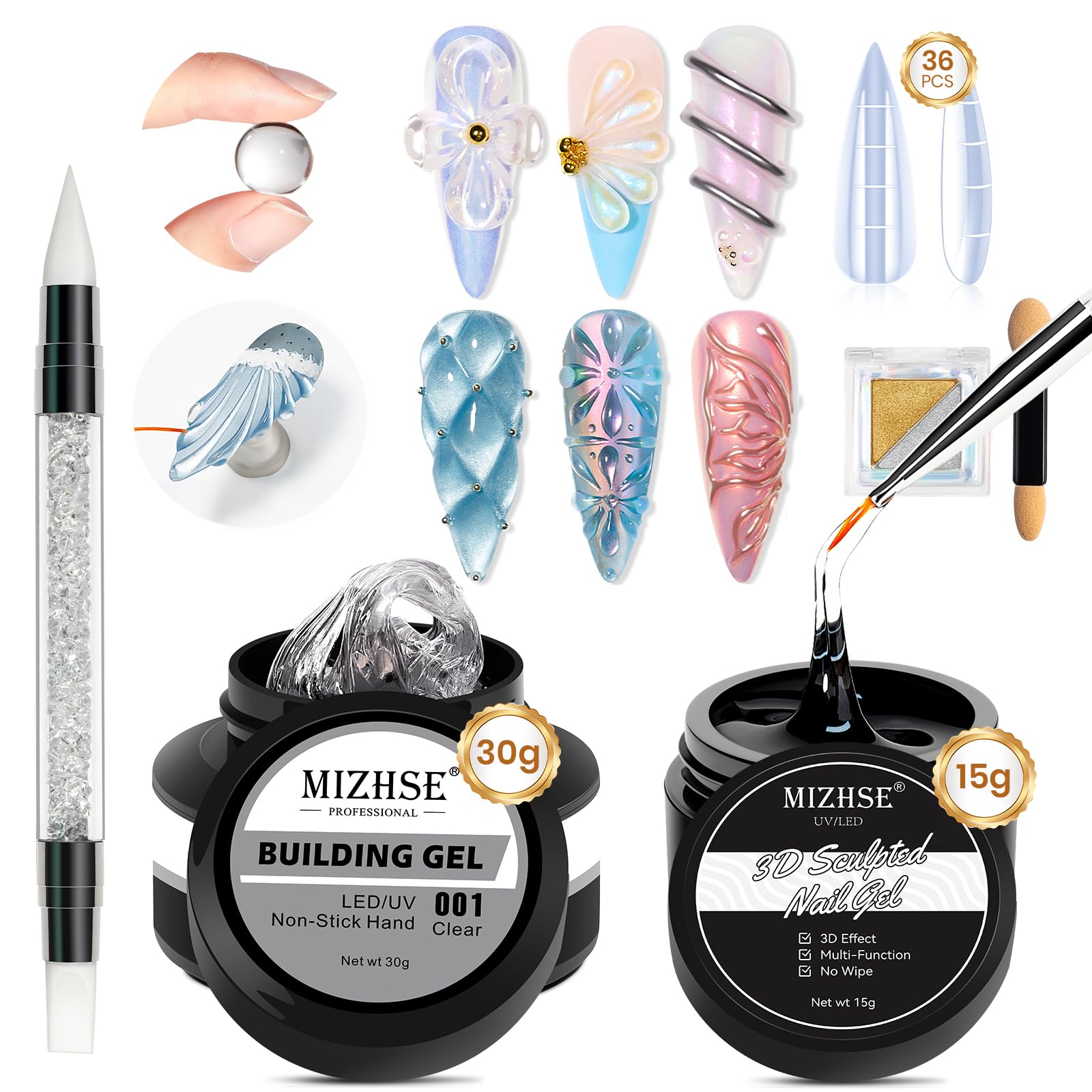 MIZHSE Solid Nail Builder Kit, All in 1 with Chrome Powder & Silicone Sculpture Pen, 3D Sculpting & Extension Gel for Nails