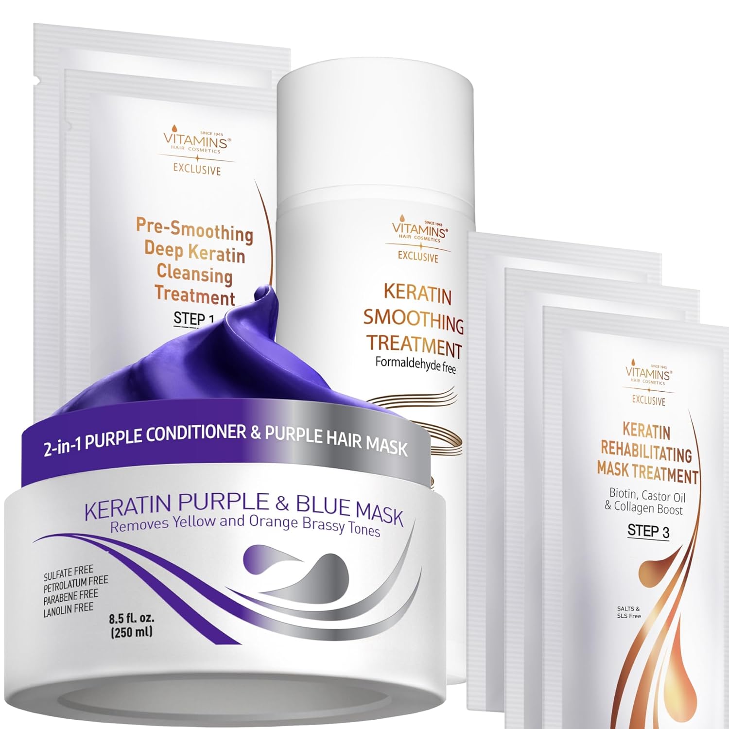 VITAMINS hair cosmetics Keratin Purple Blue Hair Mask & Keratin Hair Treatment Straightening Kit - Anti-Brass Deep Conditioner - Straightener Smoothing Set - Keratina para Alisar el Pelo sin Formol