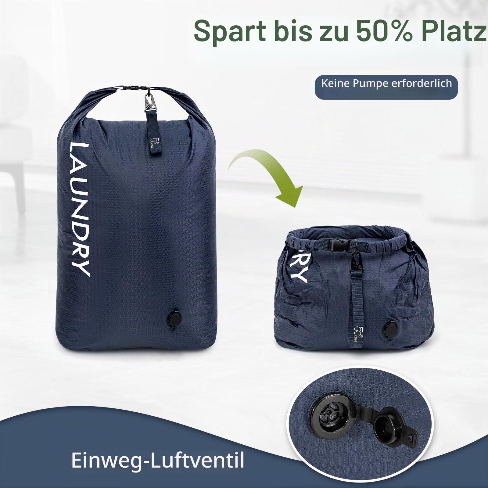 WiseBoy Wäschesack Reise 2er Set, Kompressions-Schmutzwäschebeutel | Wasserdichter Wäschebeutel mit Rollverschluss, Nass- & Trockenfunktion, Platzsparend Laundry Bag. Für Gym, Schwimmen, Reise.