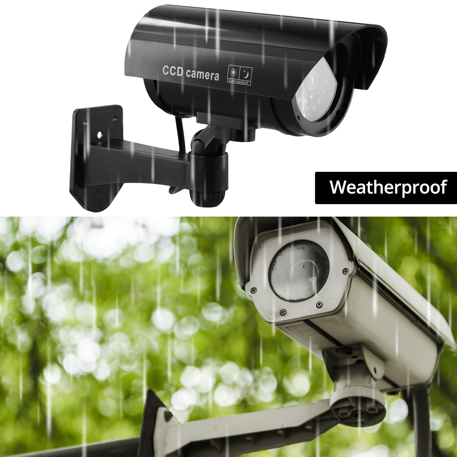 QWORK® 4 Stück schwarze Attrappen-Überwachungskameras mit rotem Blinklicht, wasserdichte Kugelform, für den Innen- und Außenbereich, inklusive CCTV-Schilder und Schrauben, keine Batterien im