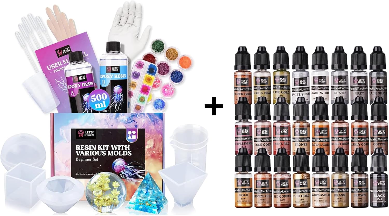 Bundle Set of 16OZ Epoxy Resin Molds Silicone Kit and 24 Colors Metallic Alcohol Ink Set