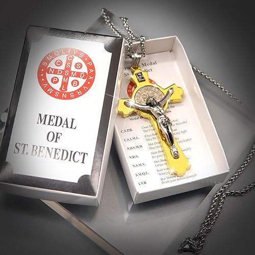 Miniatura 2 de Anwlki Collar de crucifijo de San Benito, medalla de San Benito, cruz bendiga seguridad, colgante religioso para hombres, mujeres, familia, padres,