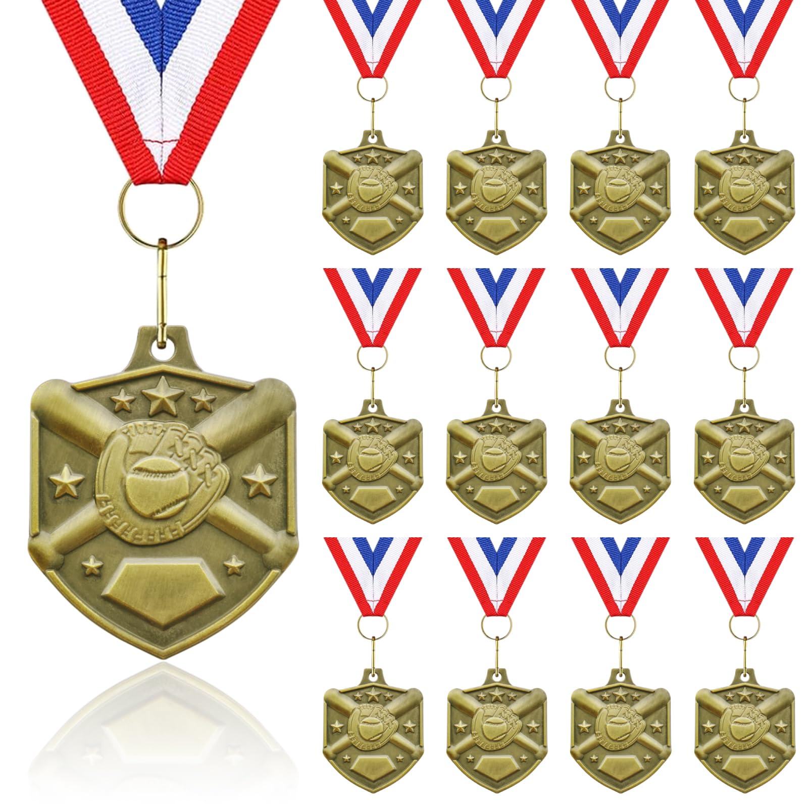 Donrime Baseball Softball Medals for Awards, 12 Pack Golden Metal Medal Awards Baseball Team, T-Ball, Softball, Baseball Game Sports Day Favors Prizes