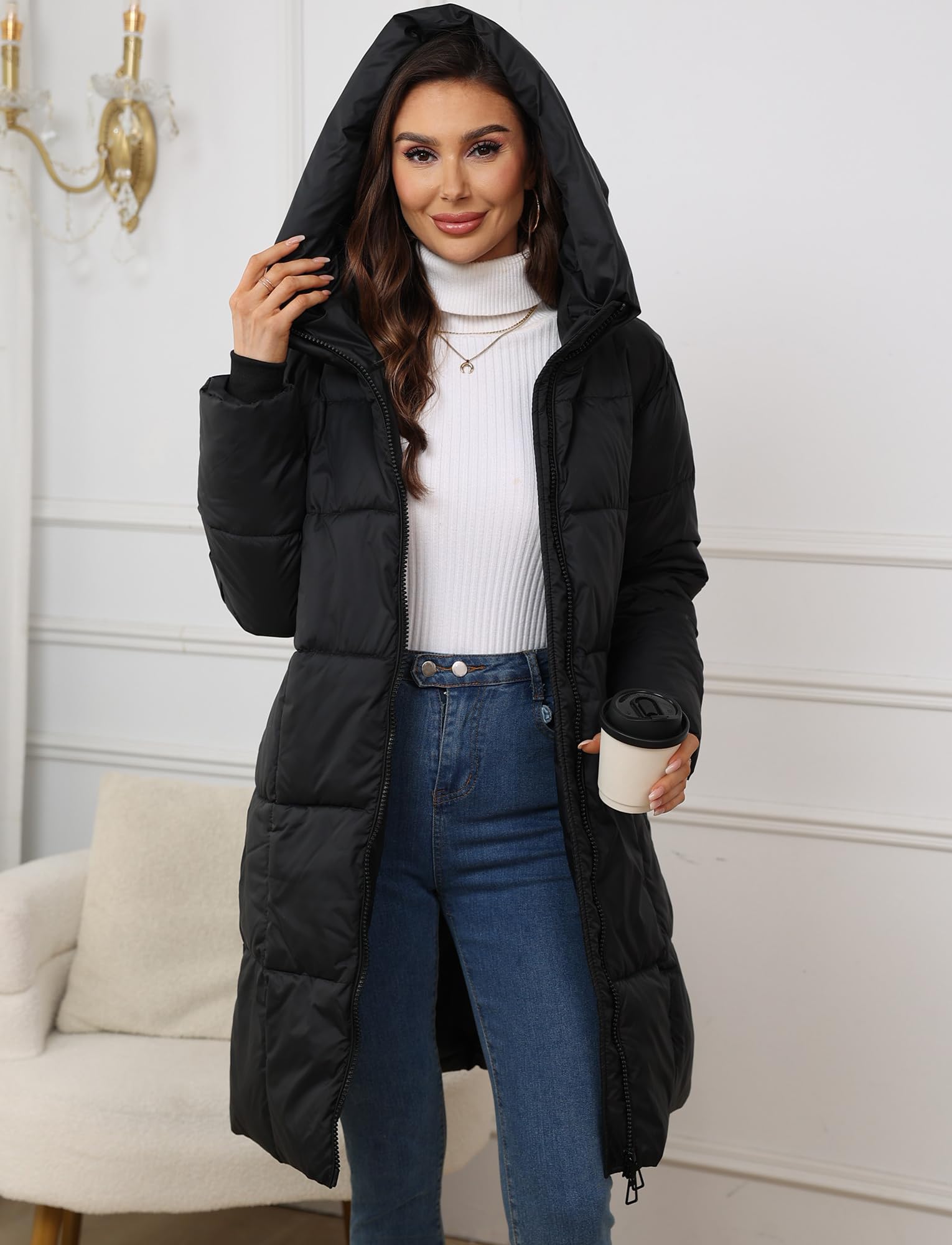 Maeau - Doudoune Longue à Capuche Femmes Hiver Fermeture Éclair Manteau Chaud en Duvet Matelassé Veste Rembourrée Parka Long Casual S-3XL