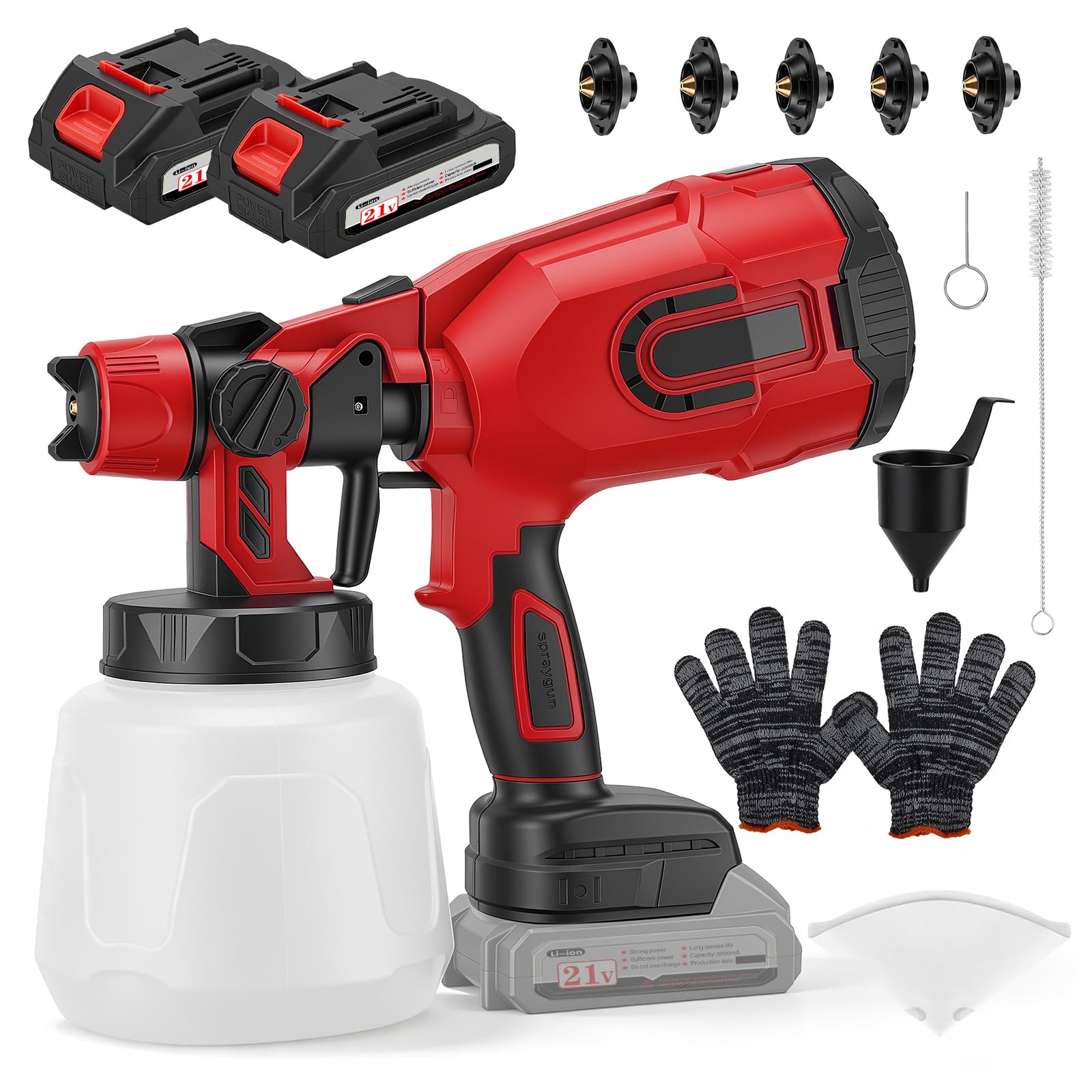 Pistola de Pintura Bateria, Pistola Pintura Inalámbrica con Batería 2x3000mAh, 5 Boquillas y 3 Patrones de Pulverización, Depósito 1400ml, 150W Pistola de Pintura Eléctrica para Cobertizos